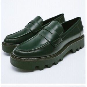 Zara Green Leather Chunky Sole Penny Loafers | Size 7.5/ 38